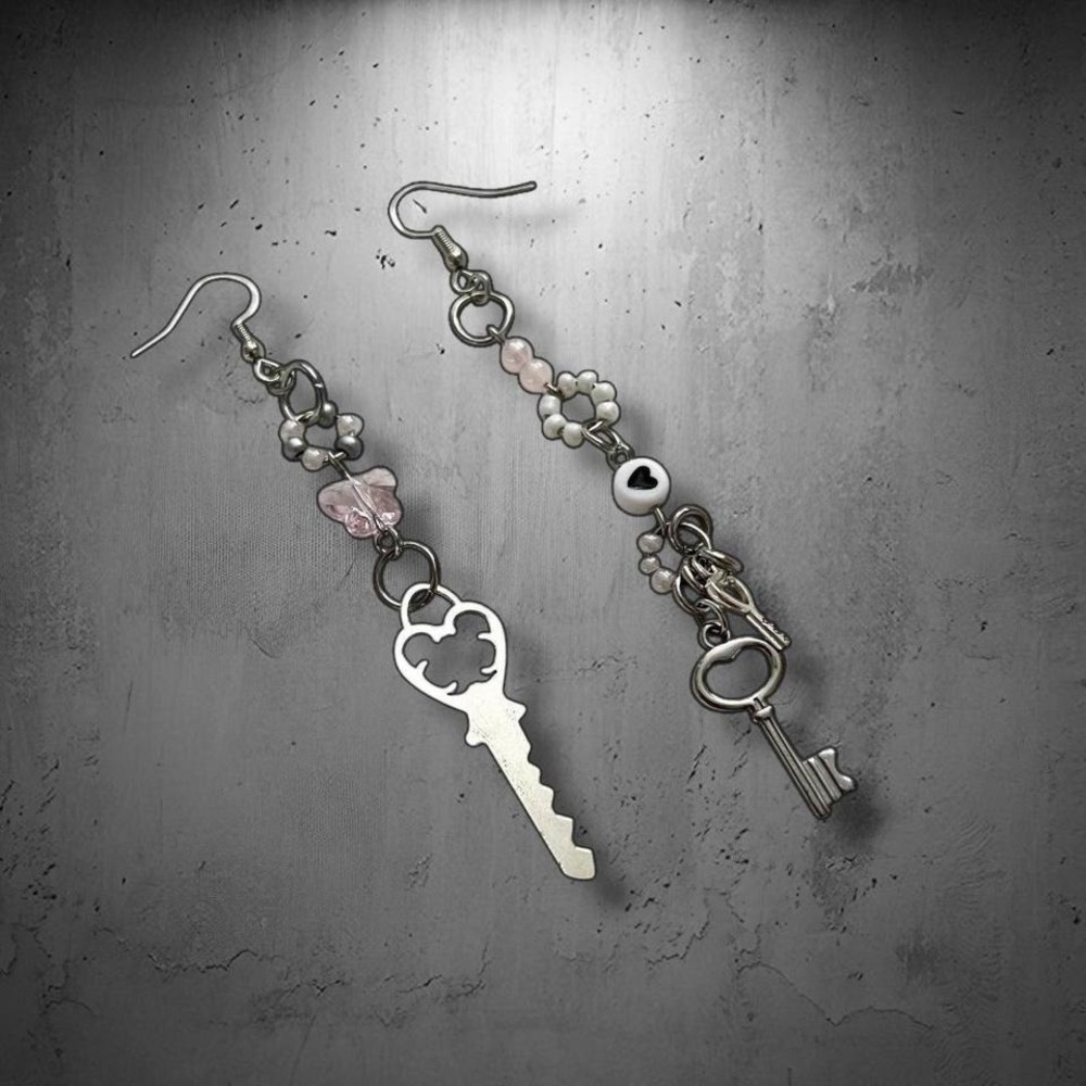 Unique silver key asymmetrical dangle earrings